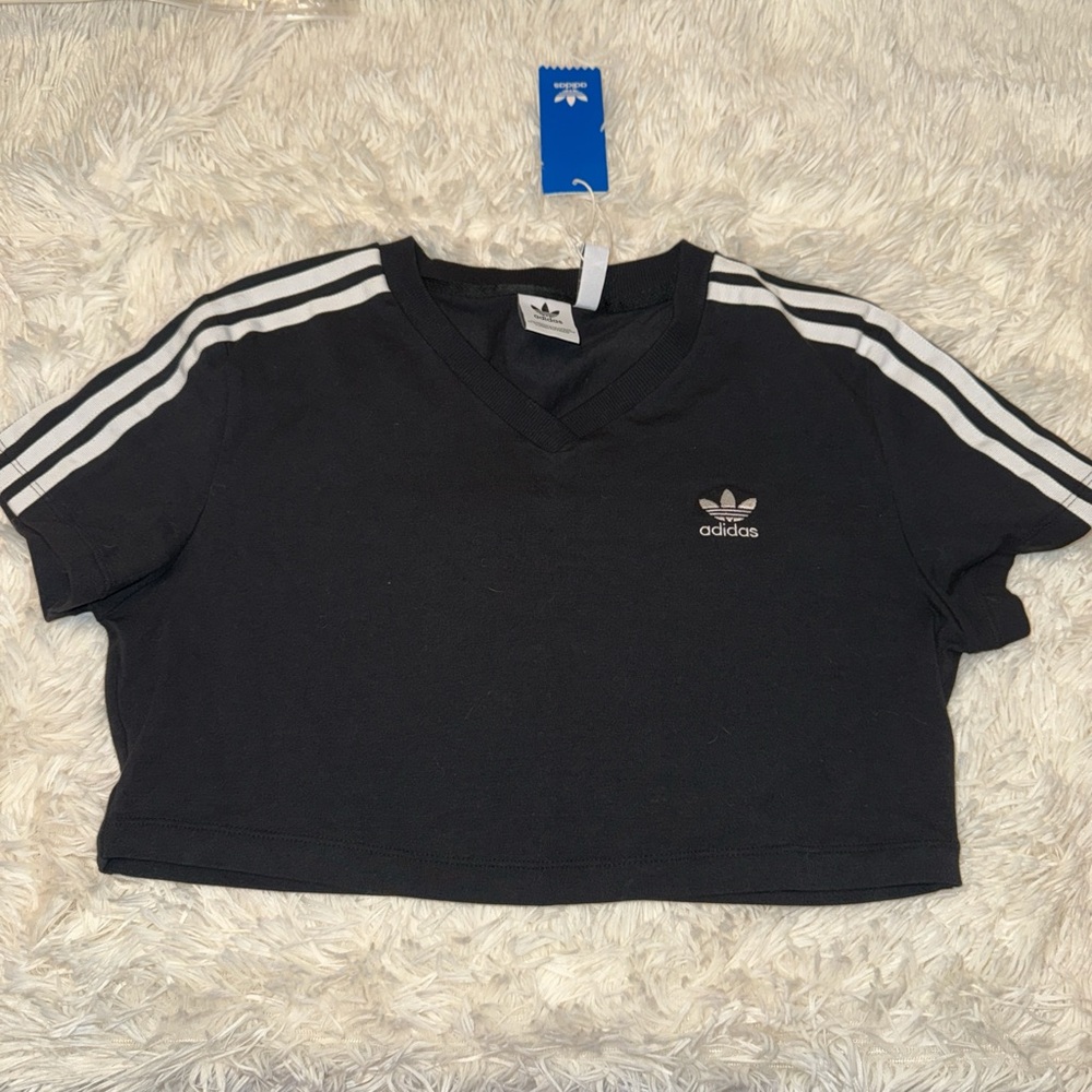 Adidas Black V-Neck Cropped Tee with White Stripes